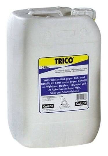 TRICO (10L) repelents stirnu, staltbriežu, citu briežu sugu un aļņu radīto bojājumu ierobežošanai; satur aitu taukus 65 g/l.